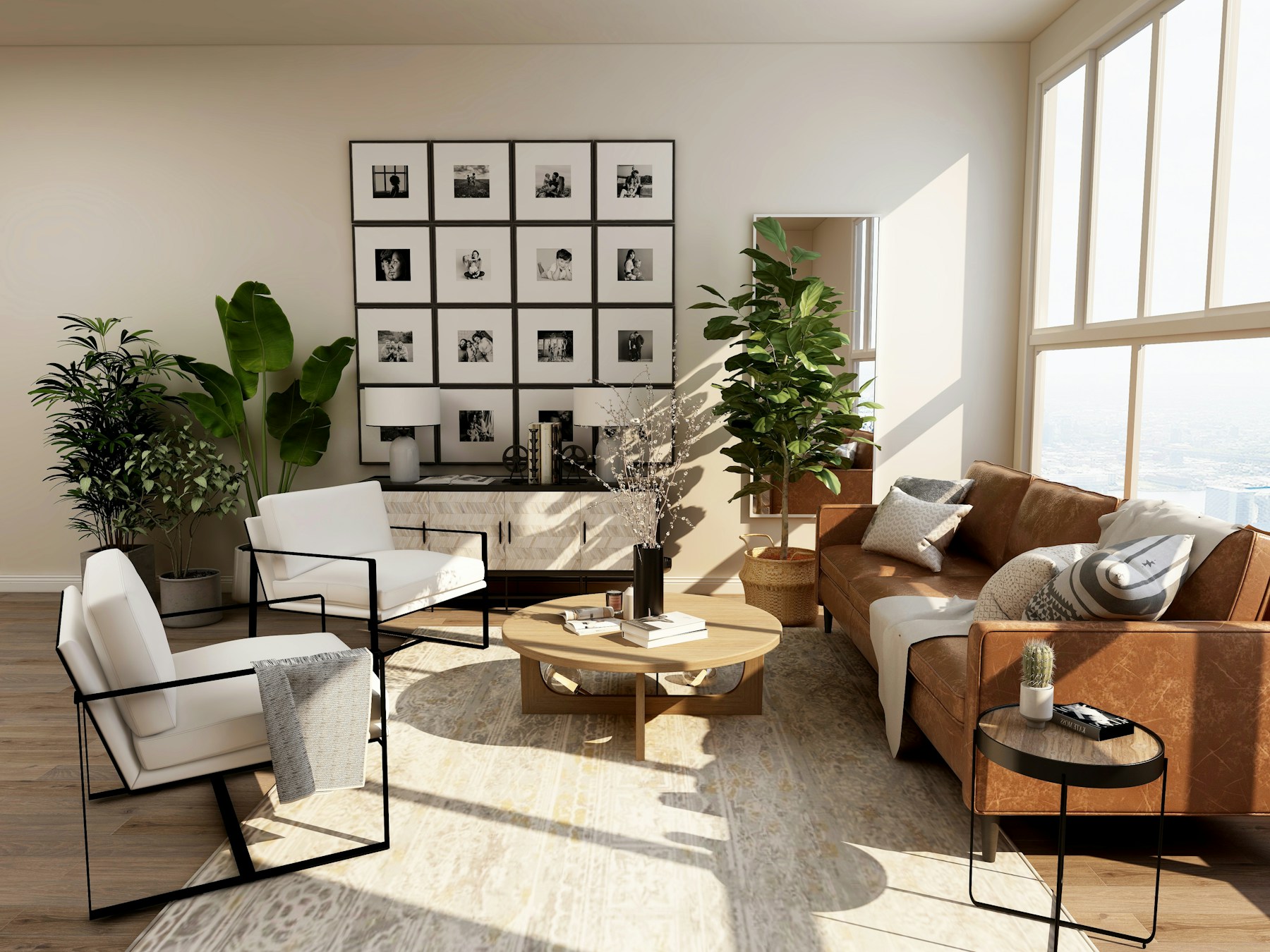 Open apartment living room concept with a sofa and natural daylight